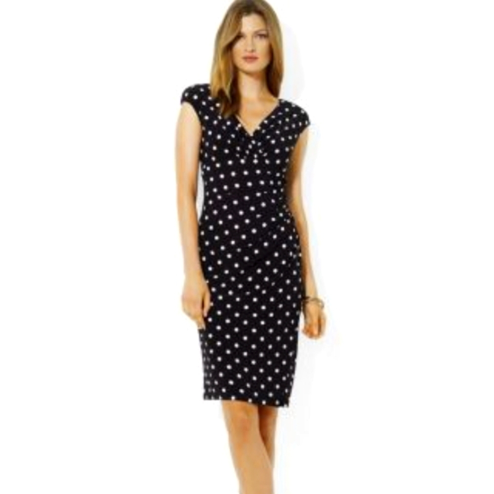 Ralph Lauren Black Polka Dot Ruched Dress Size 10